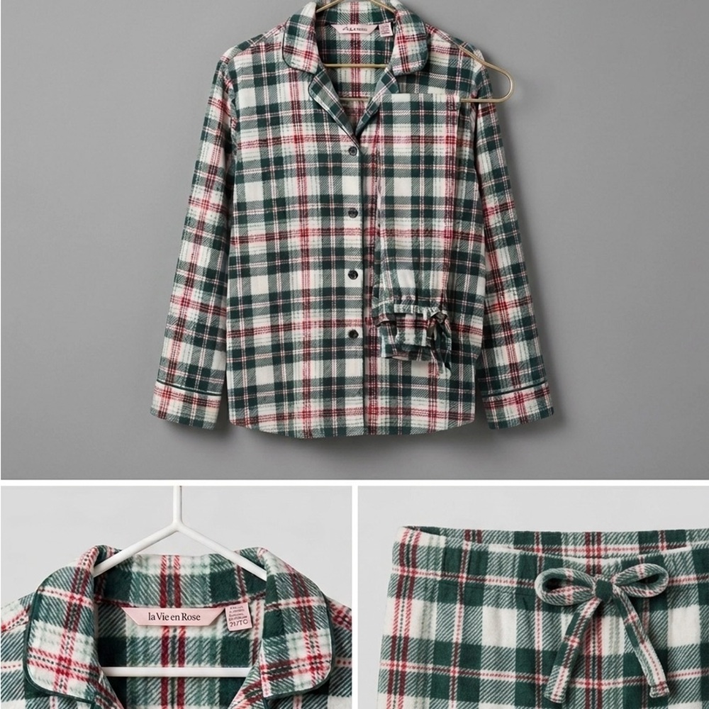 La Vie En Rose Green White and Red Plaid Flannel Pajama Set